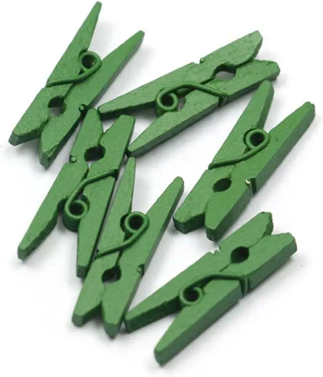 Main image of Mini Colored Spring Wood Clips, Green, 100pcs | Clothes Photo Paper Peg, Clothespin Craft Clips, Party Decoration