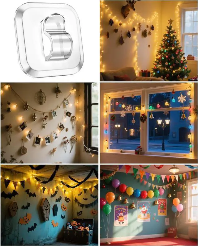 Alt view image 7 of 7 - ispneay 50 Mini Light Hooks with Adhesive Strips Indoor String Light Clips | Clear Small Damage Free Plastic Wall Hook for Hanging - Fairy Tiny Christmas Light Cable Hangers Clip Decoration Decor