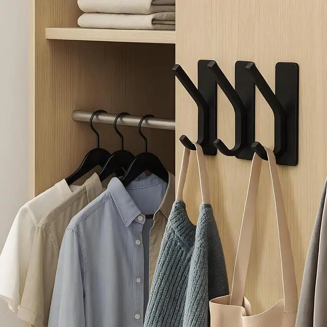 Alt view image 2 of 6 - Damage Free Adhesive Hooks 2 Pack Matte Black No Drill Removable Wall Hooks | Multipurpose wall hangers for coats, towels, robes, hats & keys, storage organizers for bathroom, kitchen, bedroom & doors