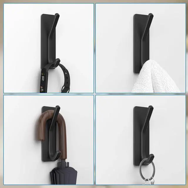 Alt view image 3 of 6 - Damage Free Adhesive Hooks 2 Pack Matte Black No Drill Removable Wall Hooks | Multipurpose wall hangers for coats, towels, robes, hats & keys, storage organizers for bathroom, kitchen, bedroom & doors