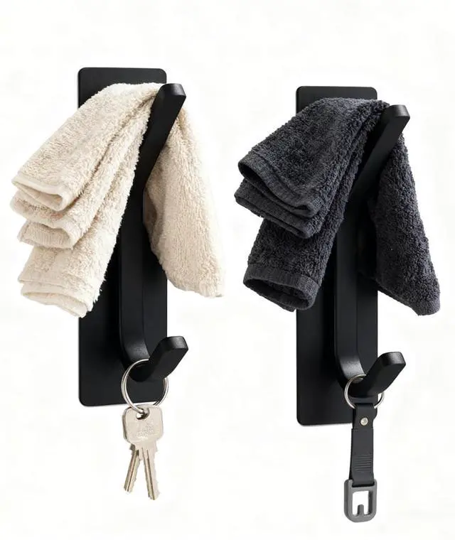 Main image of Damage Free Adhesive Hooks 2 Pack Matte Black No Drill Removable Wall Hooks | Multipurpose wall hangers for coats, towels, robes, hats & keys, storage organizers for bathroom, kitchen, bedroom & doors