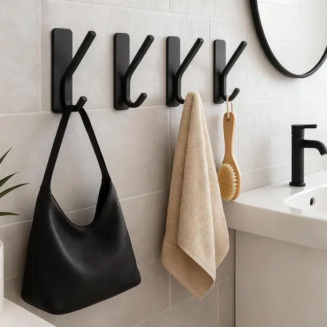 Alt view image 4 of 6 - Damage Free Adhesive Hooks 2 Pack Matte Black No Drill Removable Wall Hooks | Multipurpose wall hangers for coats, towels, robes, hats & keys, storage organizers for bathroom, kitchen, bedroom & doors