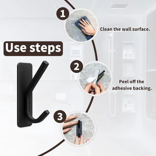 Alt view image 6 of 6 - Damage Free Adhesive Hooks 2 Pack Matte Black No Drill Removable Wall Hooks | Multipurpose wall hangers for coats, towels, robes, hats & keys, storage organizers for bathroom, kitchen, bedroom & doors