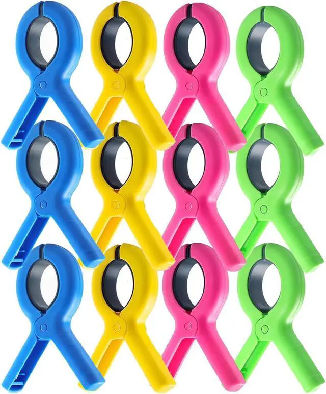Main image of 12 Pcs Beach Towel Clips for Beach Chairs, 3.7 Inch Clothes Pins for Cruise & Pool, Windproof Chair Clips for Towel Holder, 4 Colors