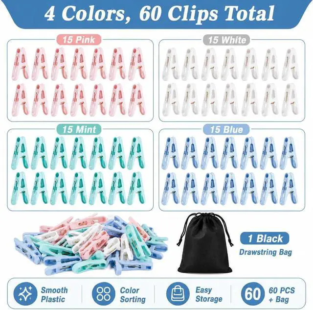 Alt view image 3 of 7 - RAINFLOW 60 PCS Colorful Clothes Pins - 4 Colors Small Plastic Clothespins | Reusable Spring Clips with Black Storage Bag, Small Clothes Pin for Laundry Drying Clothes, Towels, Socks Home Use