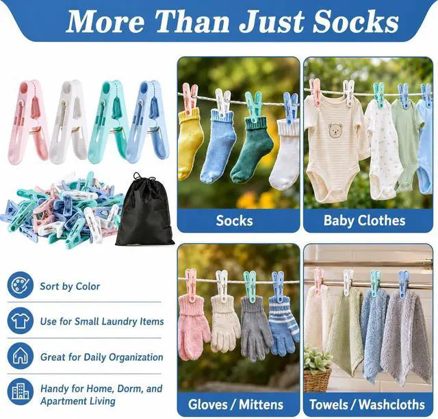 Alt view image 7 of 7 - RAINFLOW 60 PCS Colorful Clothes Pins - 4 Colors Small Plastic Clothespins | Reusable Spring Clips with Black Storage Bag, Small Clothes Pin for Laundry Drying Clothes, Towels, Socks Home Use