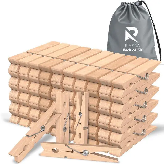 Main image of RIVEDA 50pcs Wooden Clothes Pins with Storage Bag, 2.9 Inch Natural Wood Clothespins, Strong Grip Laundry Clips for Clothesline, Hanging Clothes, Crafts & Home Use