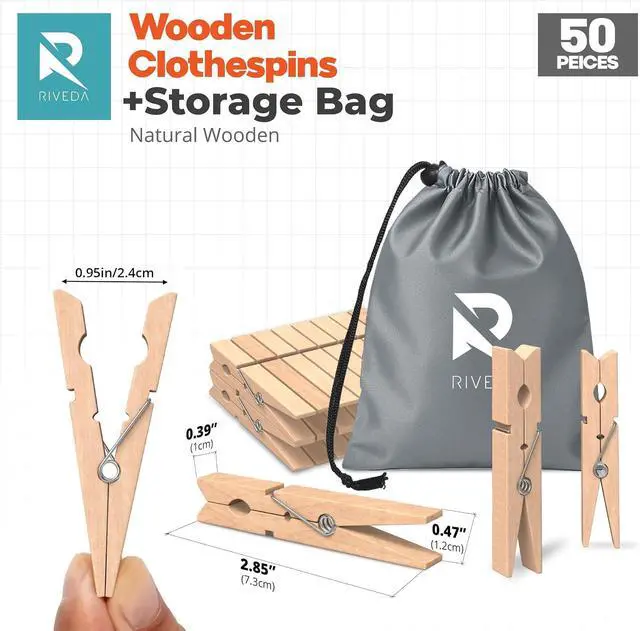 Alt view image 3 of 7 - RIVEDA 50pcs Wooden Clothes Pins with Storage Bag, 2.9 Inch Natural Wood Clothespins, Strong Grip Laundry Clips for Clothesline, Hanging Clothes, Crafts & Home Use