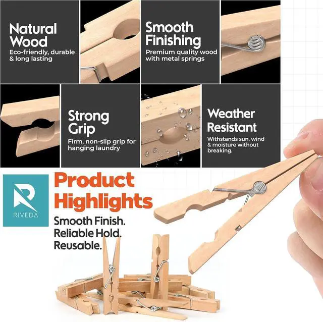 Alt view image 4 of 7 - RIVEDA 50pcs Wooden Clothes Pins with Storage Bag, 2.9 Inch Natural Wood Clothespins, Strong Grip Laundry Clips for Clothesline, Hanging Clothes, Crafts & Home Use