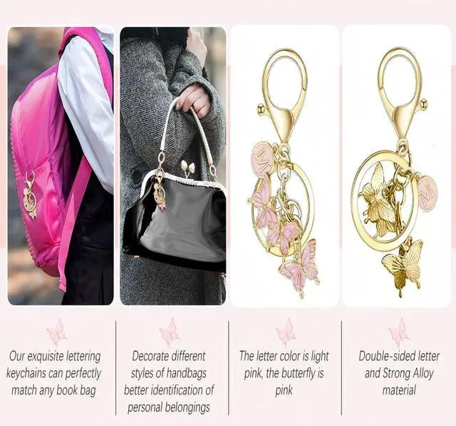 Alt view image 2 of 7 - Initial letter small keychain for Women,Pink Butterfly bag Charms Cute Letter Keychain for Handbag Purse