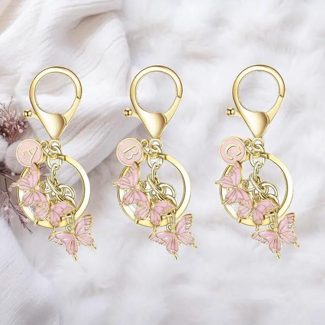 Alt view image 7 of 7 - Initial letter small keychain for Women,Pink Butterfly bag Charms Cute Letter Keychain for Handbag Purse