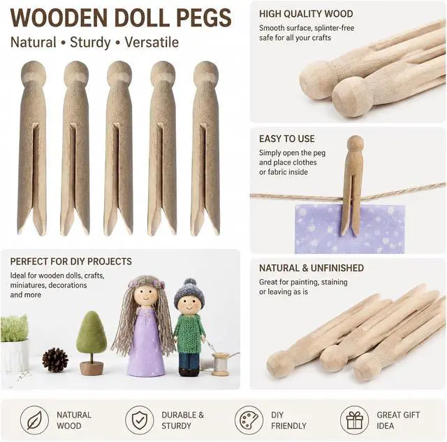 Alt view image 2 of 7 - Round Wooden Clothespins, 12pcs Dolly Style Traditional Heritage Clothes Peg Old Fashioned for Outdoor Clothesline Home Kitchen Travel (Wood)