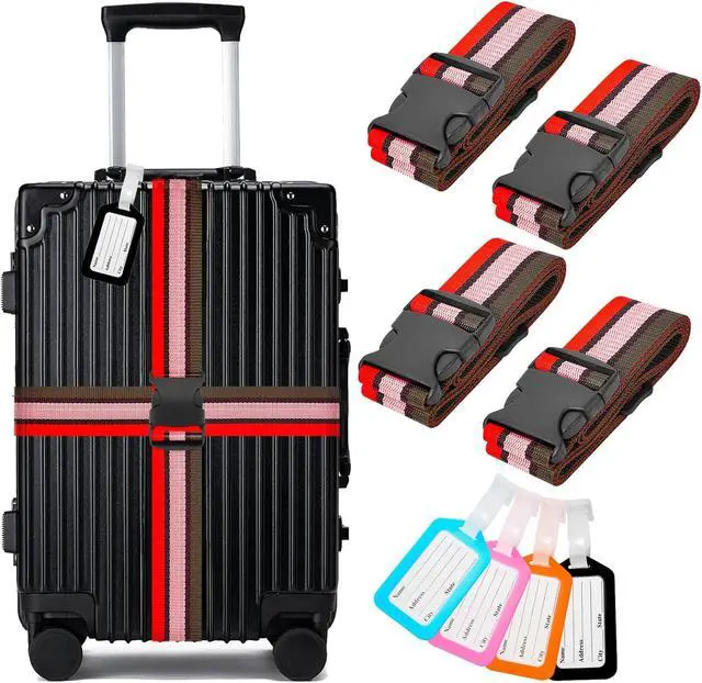 Alt view image 2 of 7 - Luggage Straps and Tags Set for Suitcase, 4 Vibrant Color Straps and 4 Tags | Protect Suitcases, Vibrant Color-Block Identity, Instantly Spot Suitcase, Red-pink-green