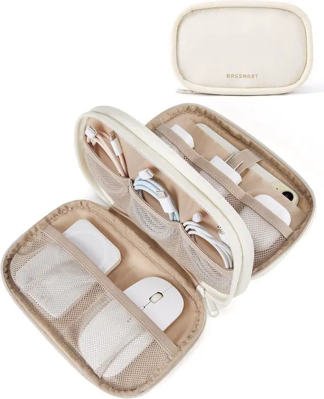 Main image of BAGSMART Electronics Organizer Travel Case for Cords Chargers Phones, Beige | Puffy Padded, Travel Essentials, Cord organizer bag for Cables, Compact Tech Accessories Pouch