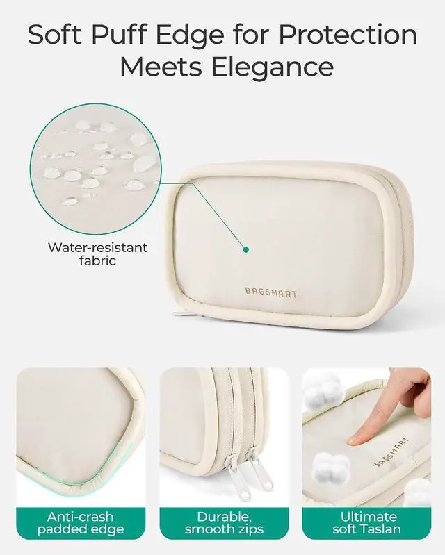 Alt view image 5 of 6 - BAGSMART Electronics Organizer Travel Case for Cords Chargers Phones, Beige | Puffy Padded, Travel Essentials, Cord organizer bag for Cables, Compact Tech Accessories Pouch