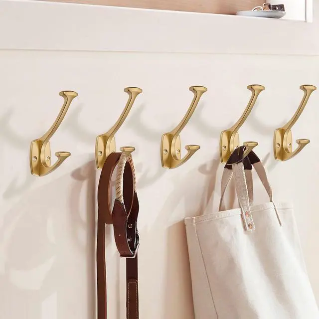 Alt view image 5 of 5 - 2 Pack Brushed Gold Hooks Decorative Heavy Duty Solid Large Coat Hooks for Towel Hanging Coats Robe Wall Mounted Towel Bags Door Back Bathroom wall Hook.