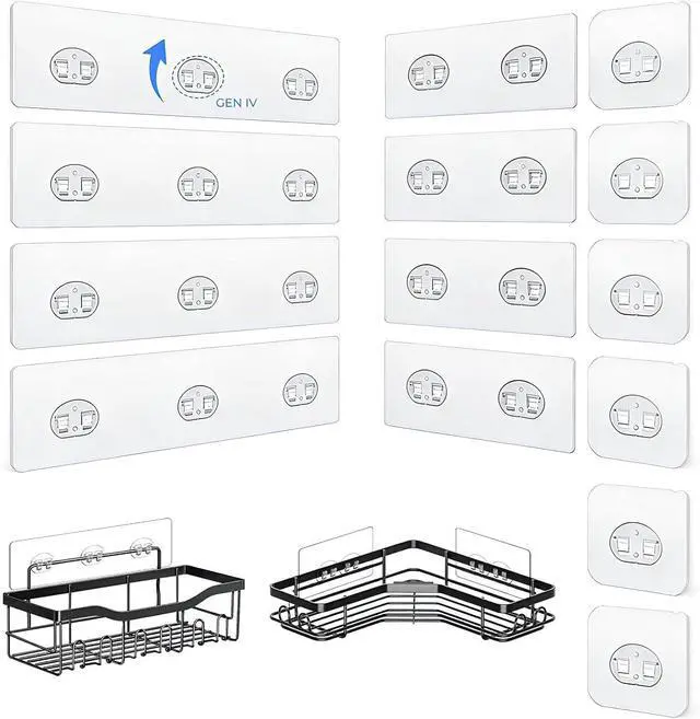 Main image of Shower Caddy Adhesive Replacement Hooks, Strong Waterproof Strips, No Drilling for Bathroom Shelves, Kitchen Racks, and Soap Holders (Transparent-14 Pack)