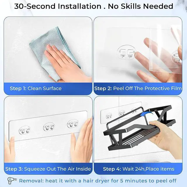Alt view image 7 of 7 - Shower Caddy Adhesive Replacement Hooks, Strong Waterproof Strips, No Drilling for Bathroom Shelves, Kitchen Racks, and Soap Holders (Transparent-14 Pack)
