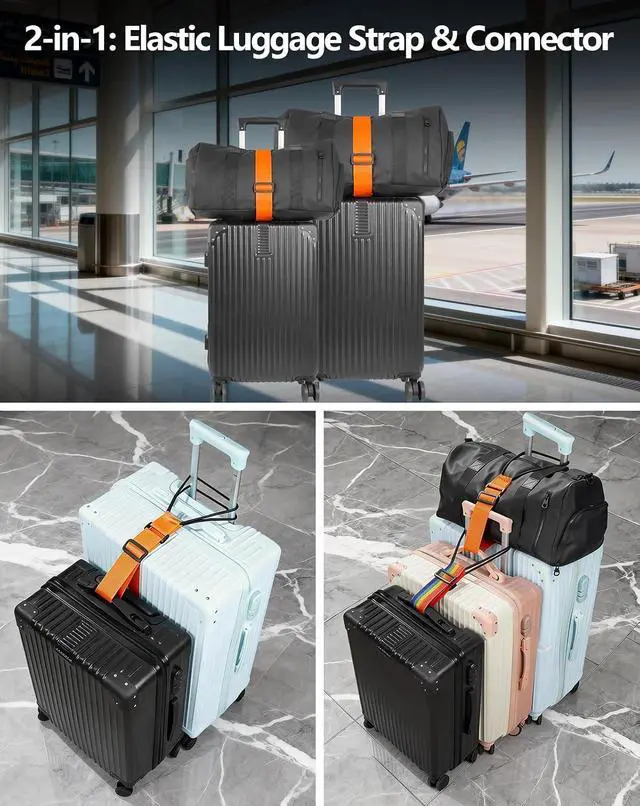 Alt view image 2 of 7 - Adjustable Add A Bag Luggage Connector Straps for Suitcases, 2 Pack | Attach backpack to suitcase, thicker elastic loops, Hands-Free airport travel accessories, adjustable length from 11" to 30"