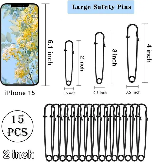 Alt view image 2 of 6 - 15-Pack 2" Heavy Duty Black Steel Safety Pins for Clothes & Crafts | Heavy-duty black steel 2" pins with sharp tips. Secure hold for clothes, leather, canvas & blankets. Rust-resistant & safe