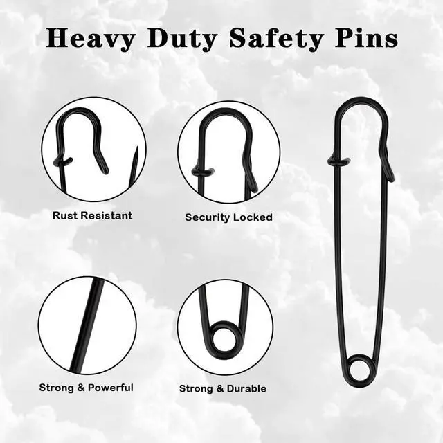 Alt view image 3 of 6 - 15-Pack 2" Heavy Duty Black Steel Safety Pins for Clothes & Crafts | Heavy-duty black steel 2" pins with sharp tips. Secure hold for clothes, leather, canvas & blankets. Rust-resistant & safe