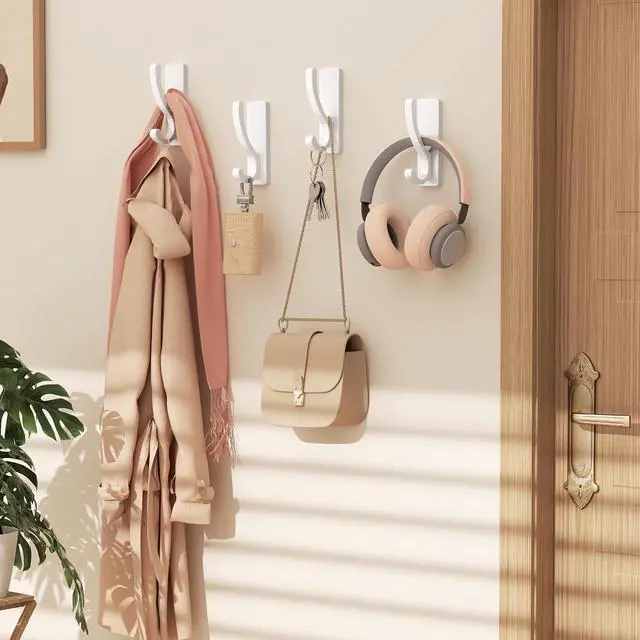 Alt view image 2 of 7 - pickpiff Adhesive Wall Hooks for Coat/Towel, Hold 13LB, White 4 Pack | Hooks for Wall No Damage,Towel Hanger for Bathroom,Heavy Duty Stick On Hook for Closet,Door,for Purse,Bag,Clothes, Backpack