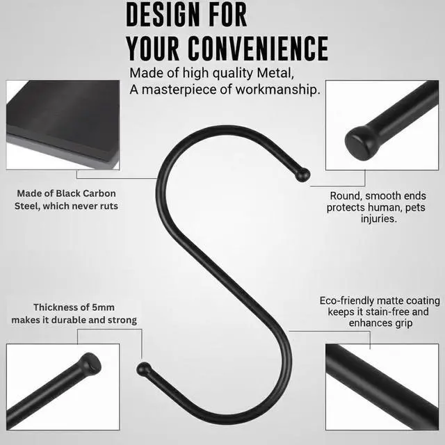 Alt view image 7 of 7 - 30 Pack Black S Hooks for Hanging Plants, Metal Hooks for Hanging, S Hooks for Hanging Heavy Duty, Durable S Shaped Kitchen Hooks for Kitchenware, Pots, Utensils, Clothes & Bags