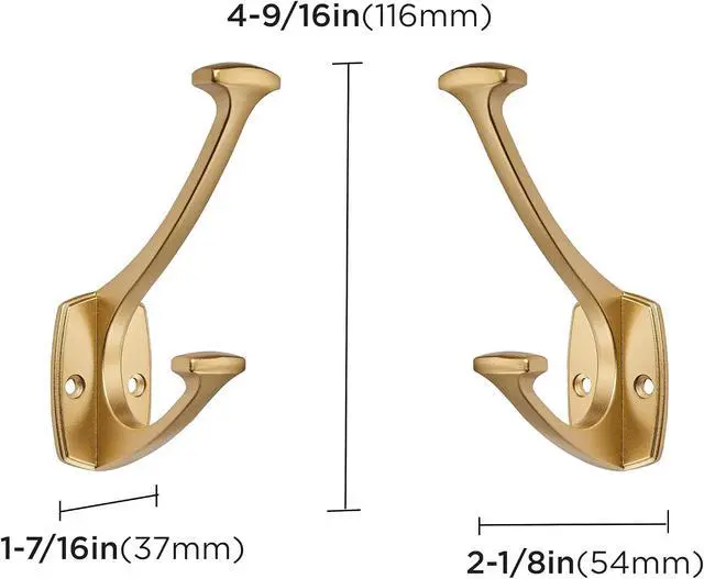 Alt view image 2 of 5 - 2 Pack Brushed Gold Hooks Decorative Heavy Duty Solid Large Coat Hooks for Towel Hanging Coats Robe Wall Mounted Towel Bags Door Back Bathroom wall Hook.