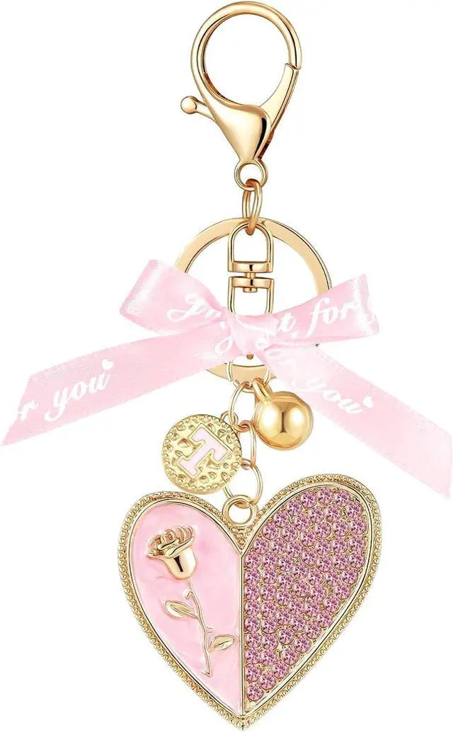 Main image of Gold Initial Letter Keychain Alphabet Keychain Pink Heart Gift Ribbon Key Chain for Women Handbag Purse Bag Charm