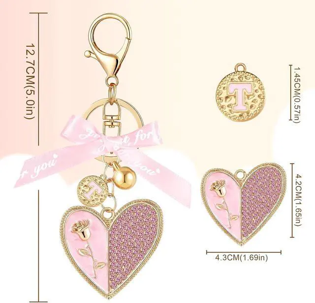 Alt view image 3 of 7 - Gold Initial Letter Keychain Alphabet Keychain Pink Heart Gift Ribbon Key Chain for Women Handbag Purse Bag Charm