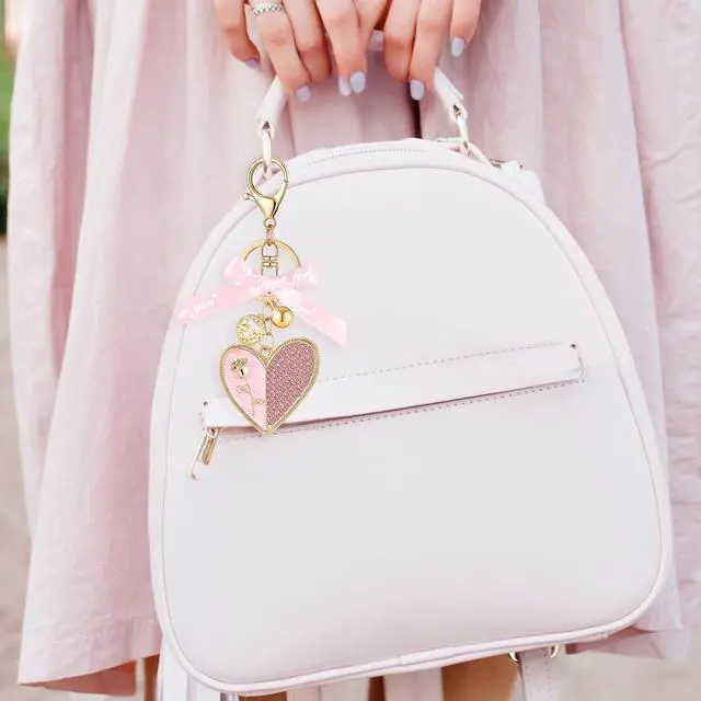 Alt view image 5 of 7 - Gold Initial Letter Keychain Alphabet Keychain Pink Heart Gift Ribbon Key Chain for Women Handbag Purse Bag Charm
