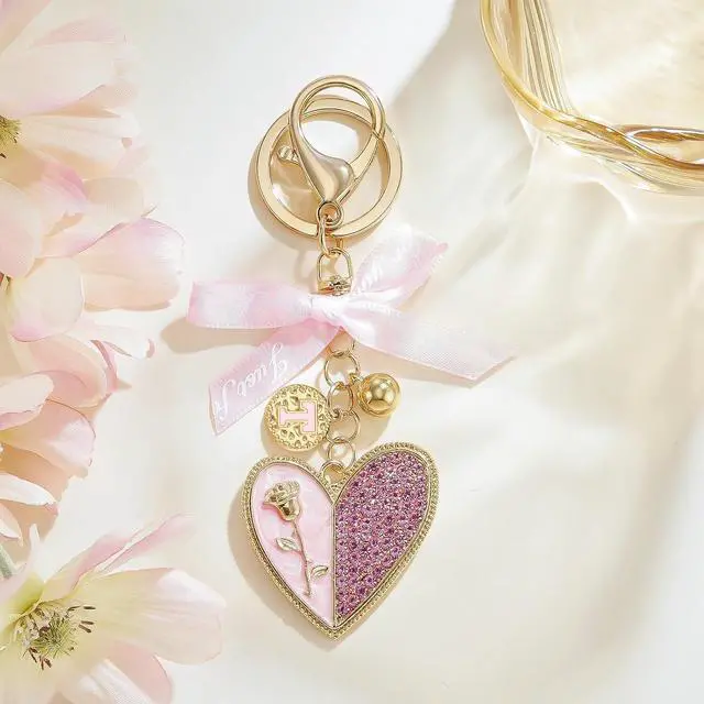 Alt view image 2 of 7 - Gold Initial Letter Keychain Alphabet Keychain Pink Heart Gift Ribbon Key Chain for Women Handbag Purse Bag Charm