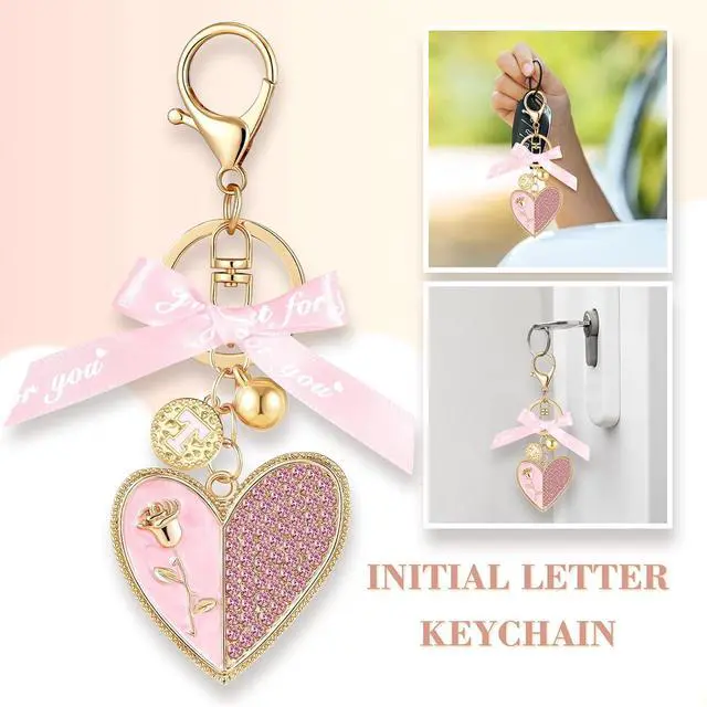 Alt view image 4 of 7 - Gold Initial Letter Keychain Alphabet Keychain Pink Heart Gift Ribbon Key Chain for Women Handbag Purse Bag Charm