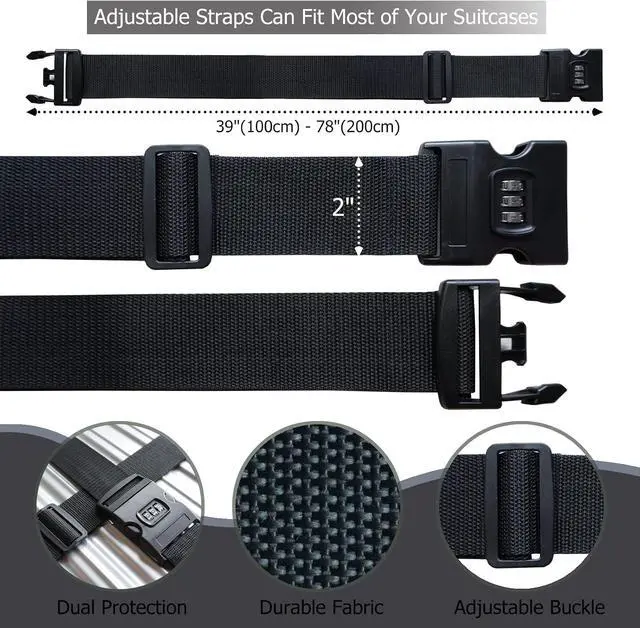 Alt view image 5 of 6 - 2 PCS Luggage Strap 78" x 2" Suitcase Belts Wide Adjustable Packing Straps Travel Accessories, Black&Combination Lock