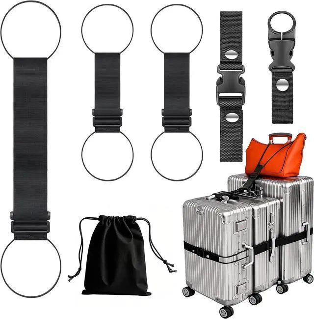 Main image of 5Pcs Luggage Straps for Suitcases, Connector Strap for Multiple Suitcases | Multi-Use Adjustable Elastic Bungee Belt, Add-a-Bag Strap for Carry-On Bags & Backpacks, Travel Essentials, Black