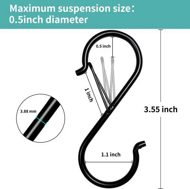Alt view image 2 of 6 - 9 Pcs S Hooks for Hanging, 3.5 inch Heavy Duty S Hook of Metal for Clothes Rails, Closet Hooks with 0.5-inch Safety Buckle, S Hook for Hanging Plants, Kitchen Utensil, Pots, Pans, Bags