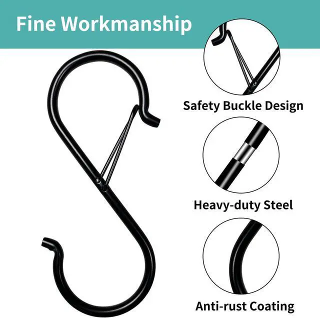 Alt view image 3 of 6 - 9 Pcs S Hooks for Hanging, 3.5 inch Heavy Duty S Hook of Metal for Clothes Rails, Closet Hooks with 0.5-inch Safety Buckle, S Hook for Hanging Plants, Kitchen Utensil, Pots, Pans, Bags