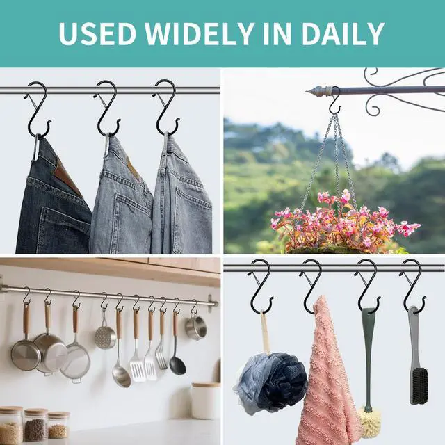 Alt view image 5 of 6 - 9 Pcs S Hooks for Hanging, 3.5 inch Heavy Duty S Hook of Metal for Clothes Rails, Closet Hooks with 0.5-inch Safety Buckle, S Hook for Hanging Plants, Kitchen Utensil, Pots, Pans, Bags