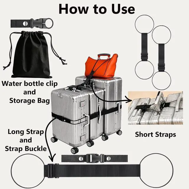 Alt view image 4 of 6 - 5Pcs Luggage Straps for Suitcases, Connector Strap for Multiple Suitcases | Multi-Use Adjustable Elastic Bungee Belt, Add-a-Bag Strap for Carry-On Bags & Backpacks, Travel Essentials, Black