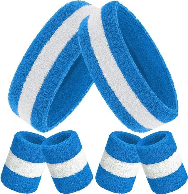 Main image of Bememo 6 Pcs Neon Sweatbands Set for Men Women 80s Tennis Striped Headband Sports Wristband Set Costumes Glow Cosplay Party