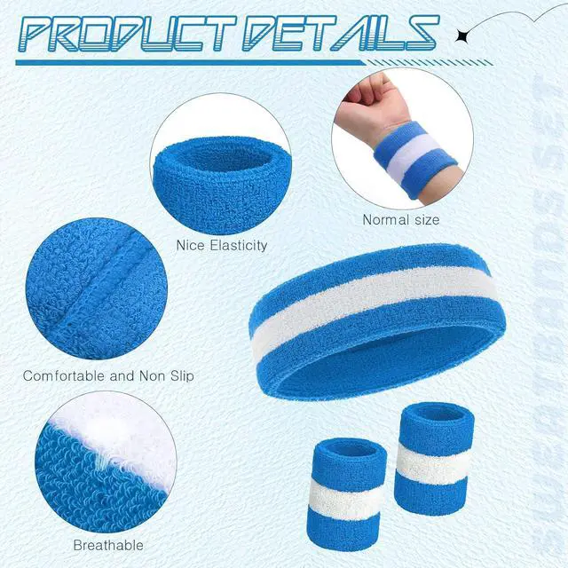 Alt view image 3 of 7 - Bememo 6 Pcs Neon Sweatbands Set for Men Women 80s Tennis Striped Headband Sports Wristband Set Costumes Glow Cosplay Party