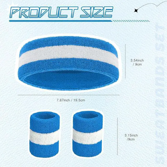 Alt view image 4 of 7 - Bememo 6 Pcs Neon Sweatbands Set for Men Women 80s Tennis Striped Headband Sports Wristband Set Costumes Glow Cosplay Party