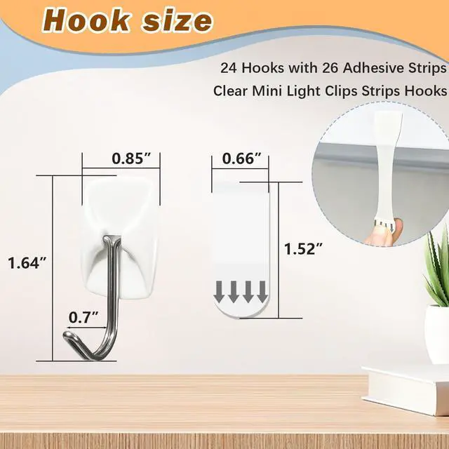 Alt view image 2 of 5 - Small Wire Hooks for Wall 24 Hooks + 26 Adhesive Strips,Damage Free Hanging Wall Hooks with Adhesive Strips,No Tools Adhesive Hooks for Key Holder,Christmas Decorations (Holds up to 0.5 lb)