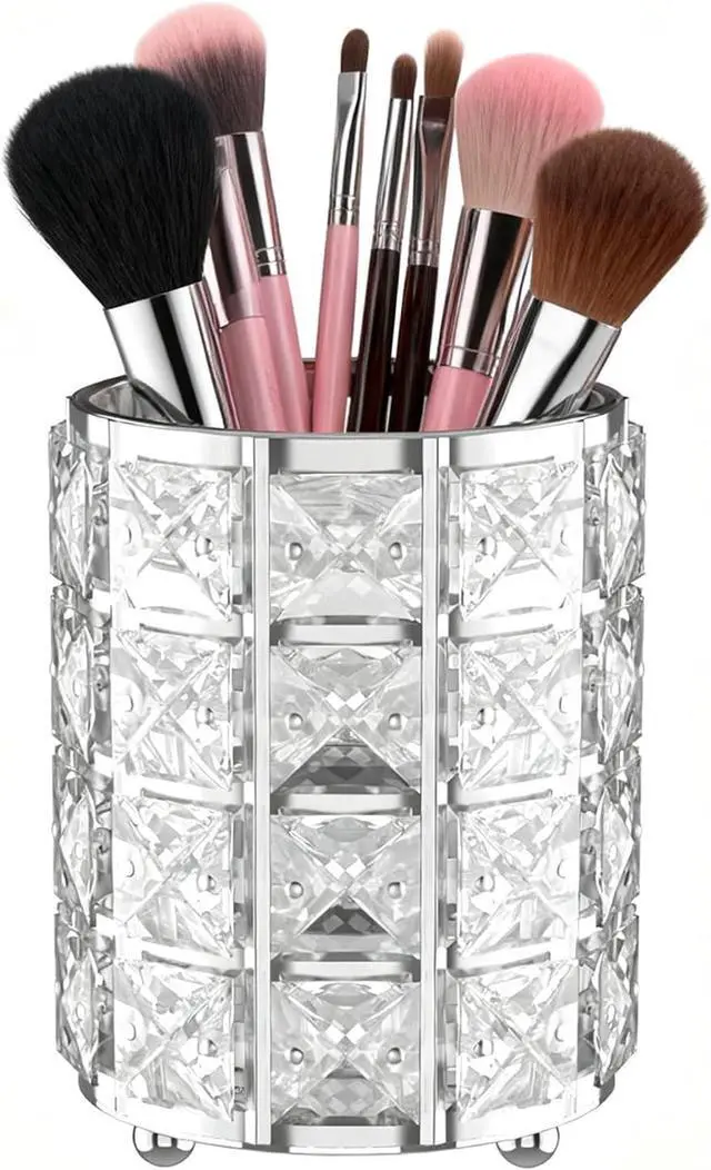Main image of LUGUNU Makeup Brush Holder with Silver Crystal Bling Elegant Vanity Organizer for Brushes, Pens & Pencils, Ideal for Bathroom or Office Countertop(1Pack)