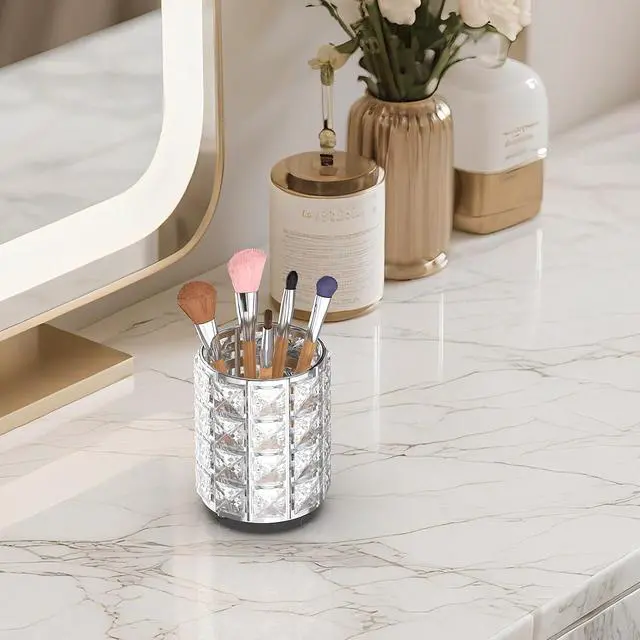 Alt view image 2 of 6 - LUGUNU Makeup Brush Holder with Silver Crystal Bling Elegant Vanity Organizer for Brushes, Pens & Pencils, Ideal for Bathroom or Office Countertop(1Pack)