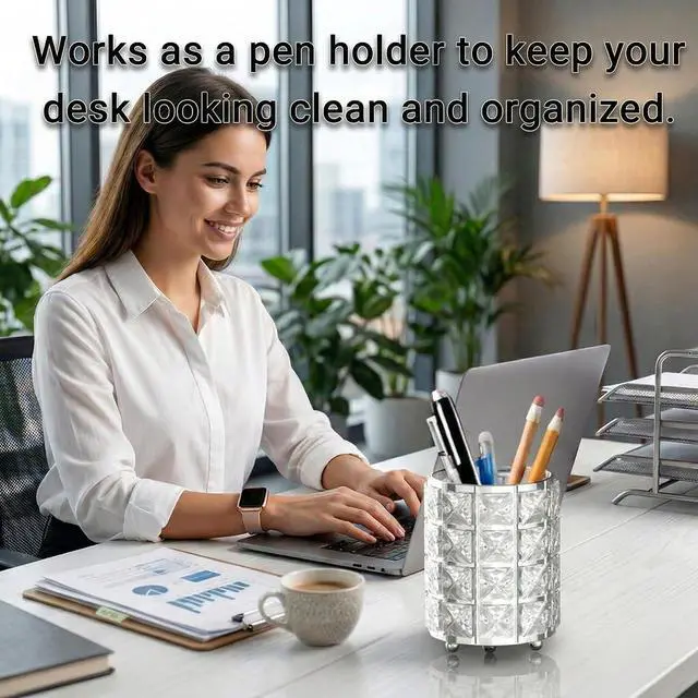 Alt view image 4 of 6 - LUGUNU Makeup Brush Holder with Silver Crystal Bling Elegant Vanity Organizer for Brushes, Pens & Pencils, Ideal for Bathroom or Office Countertop(1Pack)