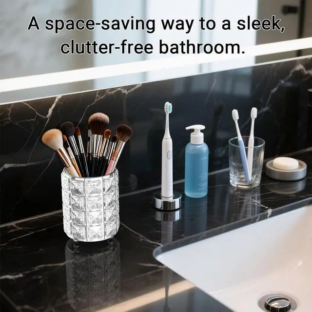 Alt view image 5 of 6 - LUGUNU Makeup Brush Holder with Silver Crystal Bling Elegant Vanity Organizer for Brushes, Pens & Pencils, Ideal for Bathroom or Office Countertop(1Pack)
