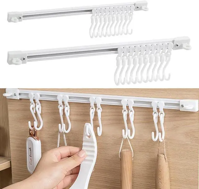 Main image of OULIGET Utility Slide Rail Hook,Under Cabinet Kitchen No Punching Hooks for Hanging Utensil,Bathroom Bedroom Office Wall Door Rack with 10 Hooks,15.7 and 11.8 Inches,2Pieces