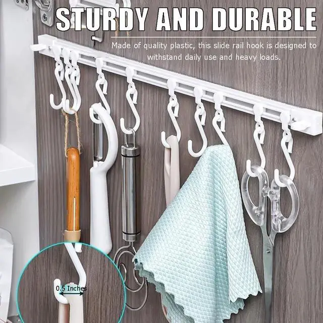 Alt view image 2 of 6 - OULIGET Utility Slide Rail Hook,Under Cabinet Kitchen No Punching Hooks for Hanging Utensil,Bathroom Bedroom Office Wall Door Rack with 10 Hooks,15.7 and 11.8 Inches,2Pieces