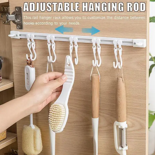 Alt view image 4 of 6 - OULIGET Utility Slide Rail Hook,Under Cabinet Kitchen No Punching Hooks for Hanging Utensil,Bathroom Bedroom Office Wall Door Rack with 10 Hooks,15.7 and 11.8 Inches,2Pieces